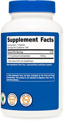 P5P Vitamina B6 100mg, 240 Cápsulas (Piridoxal-5-Fosfato) – Vegetariano, Não-OGM, Sem Glúten - Nutricost