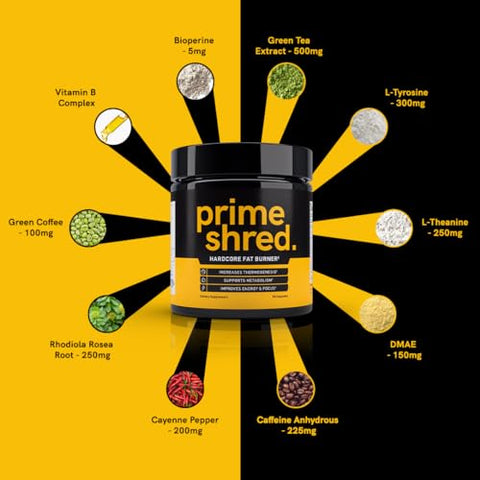 PrimeShred - Pílulas Termogênicas Supressoras de Apetite para Homens, Suplemento de Perda de Peso de Ação Tripla com Cafeína, Estimulante de Energia para Treinos (90 Cápsulas)