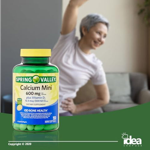 Idea Shop USA - Spring Valley Cálcio 600mg + Vitamina D3, 150 Mini Softgels (1 Pacote) Cápsulas de Carbonato de Cálcio Pequenas com Vitaminas Exclusivas