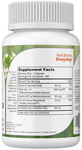 Suplemento de Ferro com Vitamina C – Cápsulas de Ferro para Mulheres e Homens – Alta Absorção, Suave no Estômago, Kosher Suplementos de Ferro Ferroso com Vitaminas C, B12, Folate - Zahler