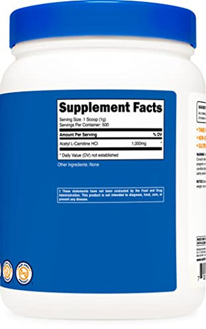 Acetyl L-Carnitine (ALCAR) 500g – Pó Puro de Acetil L-Carnitina 1000mg por Porção - Nutricost