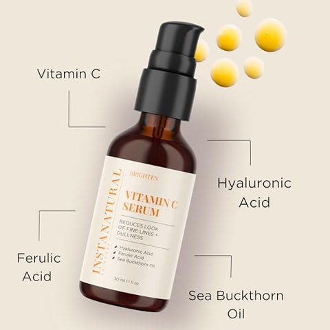 Serum Facial de Vitamina C, Ilumina, Hidrata e Reduz Sinais de Envelhecimento, com Vitamina C, Ácido Hialurônico e Ferúlico, 30 ml - InstaNatural