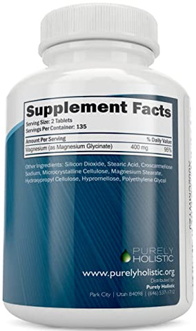 Purely Holistic - Magnésio Glicinato 400mg – 270 Comprimidos de Magnésio – 400 mg de Magnésio Elemental Vegano e Vegetariano