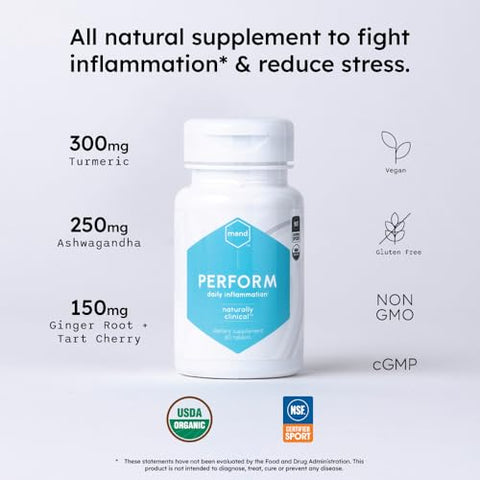 Perform – Alívio de Dores nas Articulações e Rigidez – Cúrcuma, Ashwagandha, Raiz de Gengibre, Cereja Azeda – 60 Comprimidos – Orgânico Certificado USDA – Fabricado nos EUA - MEND