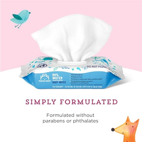 Amazon Brand – Mama Bear Lenços Umedecidos à Base de Água 99%%, Hipoalergênicos para Pele Sensível, Sem Fragrância, 432 Unidades (6 Pacotes de 72)