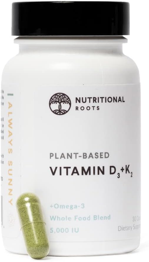 Nutritional Roots - Vitamina D3 K2 à base de plantas, 5000 UI de vitamina D3, probióticos, ômega 3 DHA de algas, mistura de alimentos orgânicos, escolha do médico, vegano, 1 mês de suprimento, 30 comprimidos