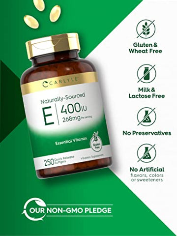 Vitamina E 400 UI Cápsulas Softgels | 250 Unidades | Fonte Natural | Livre de Transgênicos e Glúten - Carlyle