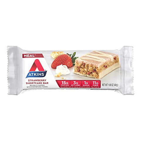 Barra de Proteína Sabor Morango, Alto Teor de Fibras, 1g Açúcar, 3g Carboidratos Líquidos, Substituto de Refeição Keto Amigável, 30 Unidades - Atkins