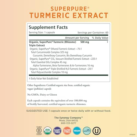 PURE SYNERGY - Pure Synergy SuperPure Extrato de Cúrcuma Orgânica | Suplemento de Curcumina de Cúrcuma | Cápsulas de Extrato de Cúrcuma 500 mg | Suporte Potente para a Saúde Imunológica e Articular (60 Cápsulas)
