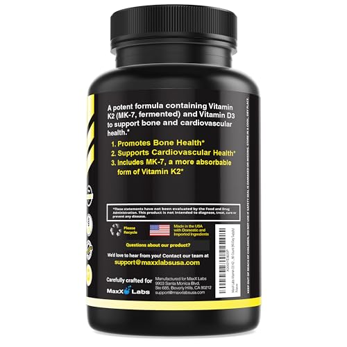 MaxX Labs - Vitamina D3 K2 3000 UI – com Vitamina K como MK-7 de Natto – Suplemento de Alta Potência de Vitamina D para Suporte a Ossos, Dentes e Coração