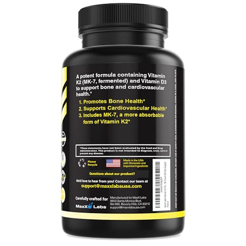 MaxX Labs - Vitamina D3 K2 3000 UI – com Vitamina K como MK-7 de Natto – Suplemento de Alta Potência de Vitamina D para Suporte a Ossos, Dentes e Coração