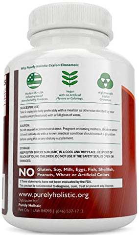 Purely Holistic - Cápsulas de Canela Ceylon Pura Holística 1500mg, 150 Cápsulas Veganas de Canela, Suprimento de 75 Dias (25%% Mais Porções), Suplemento de Canela Ceylon Verdadeira do Sri Lanka