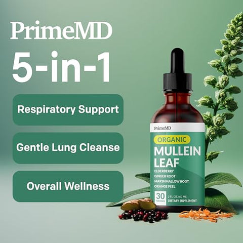 PrimeMD - Gotas de Mullein 5 em 1 para os Pulmões – Extrato de Folha de Mullein para Desintoxicação e Saúde Respiratória dos Pulmões – Tintura de Mullein com Sabugueiro e Alteia (G)