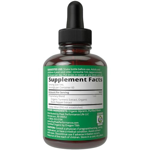 Peak Performance - Curcuma Turmeric com Pimenta Preta Orgânica USDA em Gotas Líquidas Veganas para Mulheres e Homens. Suporte Imunológico e Digestivo. Alta Biodisponibilidade. Tintura Herbal