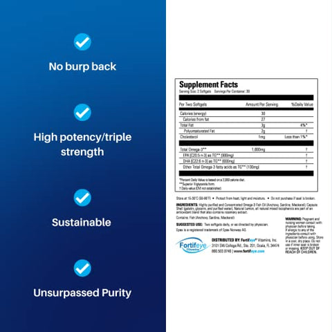 Fortifeye Vitamins - Super Ômega-3 Óleo de Peixe | 1600 mg Ômega 3 | com EPA e DHA | Sabor Natural de Limão 60 Porções | Marca Super Ômega-3