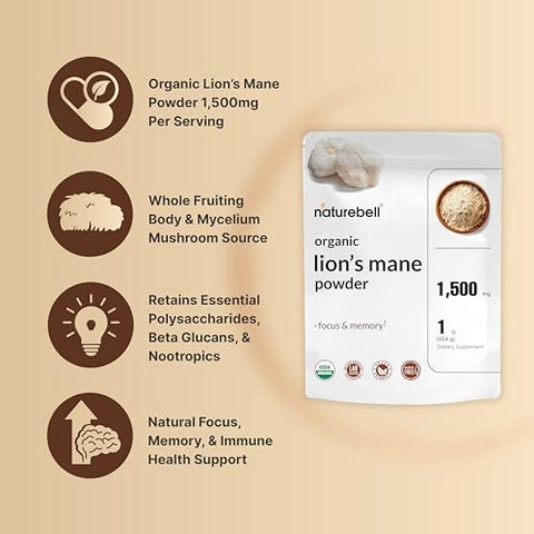 Pó de Cogumelo do Leão Orgânico 1.500mg Por Porção, 454g | Corpo Frutífero Inteiro - NatureBell