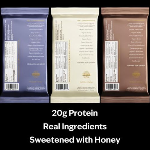Bar, Barras de Proteína, Pacote Sortido (9 Barras no Total) Contém 3 de Cada; Chocolate, Baunilha, Frutas Vermelhas – 20g Proteína de Pasto, Sem Óleos de Sementes, Sem Ingredientes Artificiais - Jacob