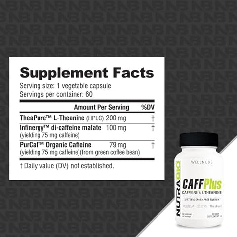 CaffPlus: Cápsulas Vegetais de Cafeína de Dupla Fonte com Teanina para Energia Saudável – 60 cápsulas - NutraBio