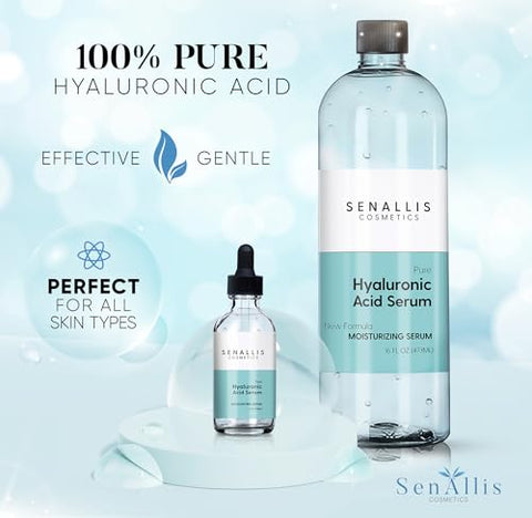 SenAllis Cosmetics - Soro de Ácido Hialurônico 473 ml e 59 ml, Puro Anti-Envelhecimento/Redutor de Rugas, Hidratante Ultra Hidratante que Reduz a Pele Seca, Fabricado nos EUA
