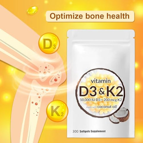 Generic - Vitamina D3 K2 10000 UI, Suplemento 2 em 1 Softgel, Auxilia na Absorção de Cálcio, Fácil de Engolir (300 Unidades)