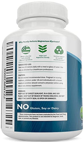 Purely Holistic - Magnésio Glicinato 400mg – 270 Comprimidos de Magnésio – 400 mg de Magnésio Elemental Vegano e Vegetariano