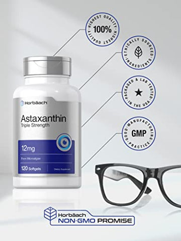 Astaxanthin 12mg | 120 Softgels | Triplo Forte | Suplemento de Microalgas | Não-OGM - Horbäach