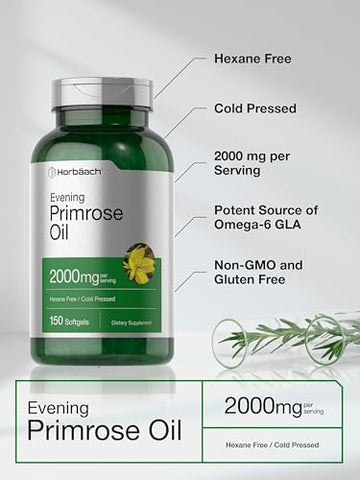 Óleo de Prímula 2000mg | 150 Cápsulas | Livre de Hexano e Solventes | Suplemento Prensado a Frio com GLA | Não-OGM, Sem Glúten - Horbäach