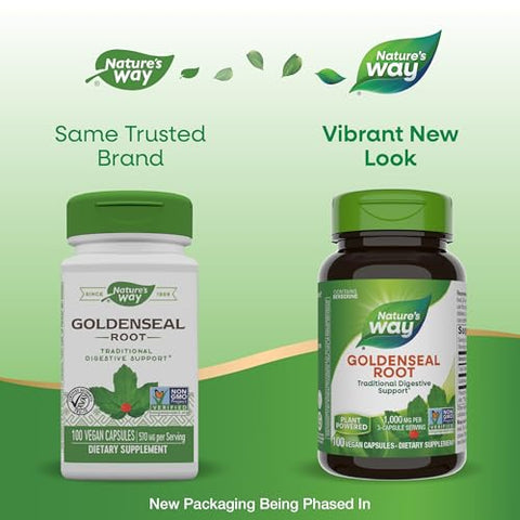 Nature's Way - Nature’s Way Goldenseal Root – Suporte Digestivo Tradicional, Contém Berberina, Verificado pelo Projeto Non-GMO, Vegano, 100 Cápsulas (Embalagem Pode Variar)