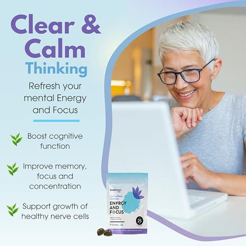 Breakroom Labs - Gummies Energéticos com Baixo Teor de Cafeína e Foco, Vitamina B12, Lion’s Mane, L-Theanine – Baixo Açúcar, Sem Carboidratos, Sem Glúten, Vegano – Energia Nootrópica em Mastigáveis – Sabor Blue Raspberry, 15g