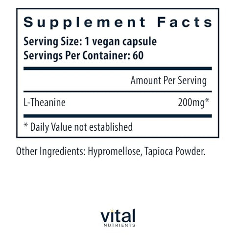 L-Theanine 200mg | Suplemento Vegano | Suporte para Níveis Normais de Estresse e Função Cognitiva* | Livre de Glúten, Laticínios e Soja | 60 Cápsulas - Vital Nutrients