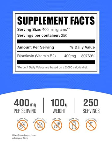 com Pó de Riboflavina – Vitamina B2, Suplemento de Vitamina B2 – 400mg de Riboflavina, Vitaminas B para o Bem-Estar, Sem Glúten, 400mg por Porção, 100g (Pack de 1) - BulkSupplements