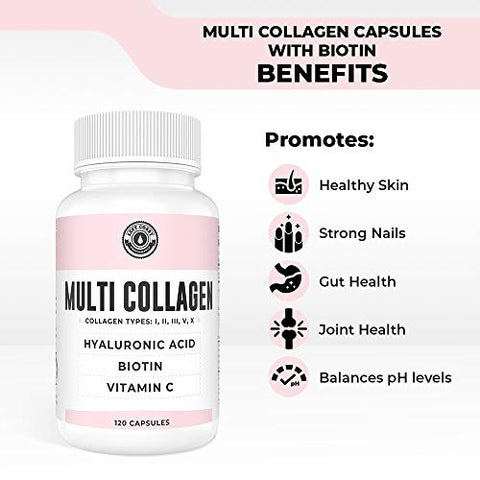 Left Coast Performance - Colágeno em Cápsulas com Biotina, Ácido Hialurônico, Vitamina C. Peptídeos de Colágeno Hidrolisado Multi Tipo I, II, III, V, X. Para Pele, Cabelo, Unhas e Saúde das Articulações