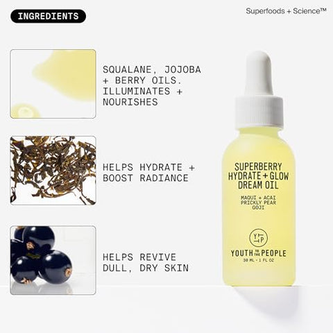Juventude para o Povo Óleo Facial Hidratante Superberry para Pele Seca e Radiante – Óleo Facial de Absorção Rápida  Youth To The People