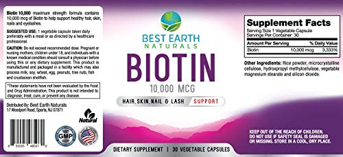 Best Earth Naturals - Melhor Earth Naturals Biotina 10.000mcg – Suplemento Vitamínico Extra Forte de Biotina para Apoiar o Crescimento Capilar, Unhas Fortes, Cílios Longos e Pele Saudável