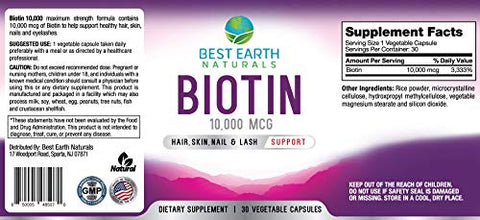 Best Earth Naturals - Melhor Earth Naturals Biotina 10.000mcg – Suplemento Vitamínico Extra Forte de Biotina para Apoiar o Crescimento Capilar, Unhas Fortes, Cílios Longos e Pele Saudável