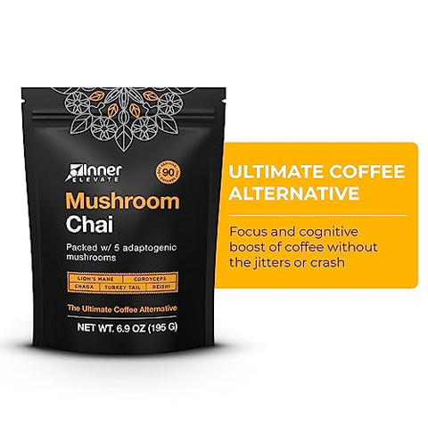 Mushroom Chai – Bebida de Chá de Cogumelo Adaptogênico com Lion’s Mane, Cordyceps, Chaga, Reishi, Turkey Tail (90 Porções) - Inner Elevate