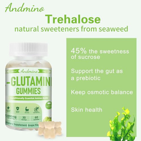 andmino - L-Glutamina Gummies 1000 mg com Trehalose – Suporte Intestinal e Reforço Imunológico