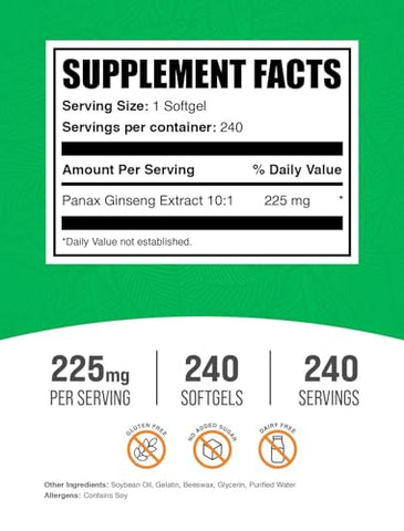 com Softgels de Panax Ginseng – Suplemento de Panax Ginseng, Extrato de Panax Ginseng, 225mg de Panax Ginseng – Livre de Glúten, 1 Softgel por Porção, 240 Unidades (Embalagem de 1) - BulkSupplements