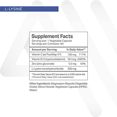 Anew Vita - L-Lisina com Vitamina B12 C Zinco para Saúde dos Lábios, Boca e Tecidos Orais – Suporte ao Bem-Estar Aperfeiçoado – Livre de Transgênicos e Glúten – Fabricado nos EUA – 60 Cápsulas Vegetais