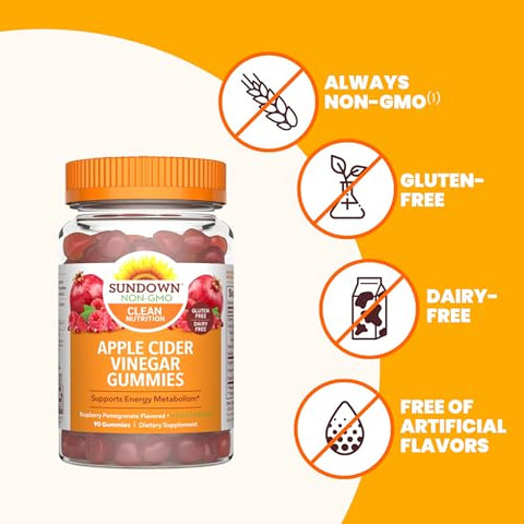 Gummies de Vinagre de Maçã, Suporte ao Metabolismo Energético, Sabor Framboesa Romã, 90 Unidades - Sundown