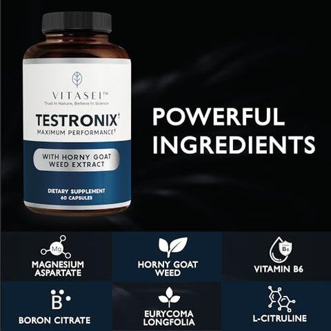 VITASEI - Testronix – Suplemento de Desempenho para Homens – Energia e Suplementos Musculares para a Saúde Masculina – 60 Cápsulas
