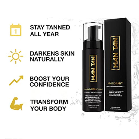 Man Tan - MAN TAN Kit Inicial Bronzeador Sem Sol Para Homens | AMINOTAN – A Melhor Espuma Autobronzeadora Transparente Para Homens Funciona Com Cabelo à Prova de Suor (Luva)