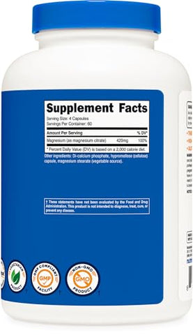 Magnesium Citrate 420mg – 240 Cápsulas Vegetarianas, Livre de Glúten, Não-OGM - Nutricost