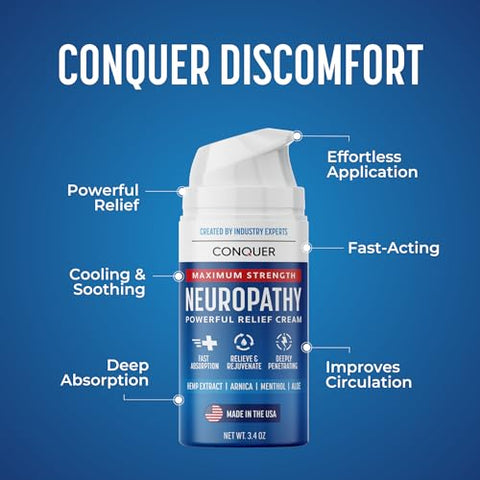 Conquer Products - Creme CONQUER para Neuropatia – Alívio Poderoso com Arnica Natural, Aloe Vera, Extrato de Hemp e Mentol – Máxima Potência Refrescante (60g)