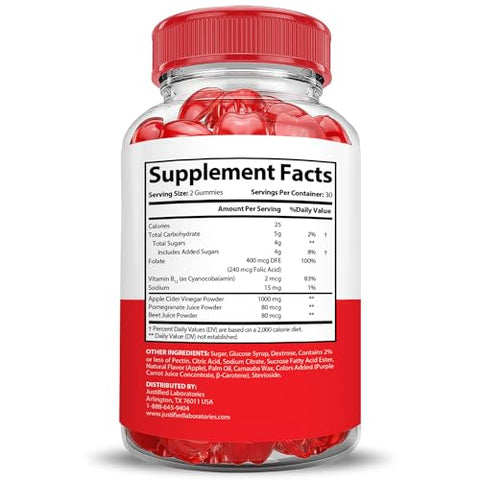 Justified Laboratories - Ketozense Keto ACV Gummies 1000MG Fórmula Avançada – Gomas de Cetozene Keto com Vinagre de Maçã, Romã e Beterraba em Pó B12 Vegan Non GMO 60 Gummys