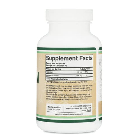 Double Wood Supplements - Magnésio Taurato para Saúde Cardiovascular – Aumente os Níveis de Magnésio (1.500mg por Porção, 210 Cápsulas Veganas) Livre de Transgênicos e Glúten, por