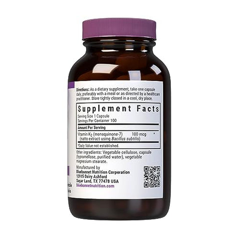 Vitamina K2 Cápsulas Vegetarianas, 100 Unidades – Marca Bluebonnet - Bluebonnet