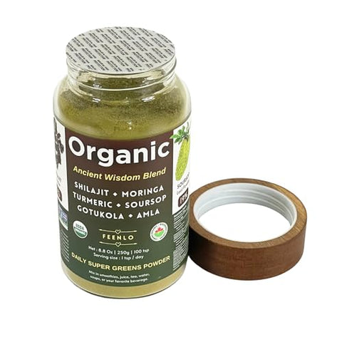 Feenlo - Blend em Pó de Moringa, Shilajit, Cúrcuma, Graviola, Gotu Kola e Amla Orgânico e Não-OGM | Poder Verde Apresentado em Embalagem de 3 Meses