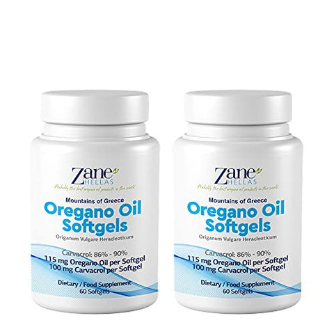 Zane HELLAS Probably the best oregano oil products in the world - Zane Hellas Softgels de Óleo de Orégano. Extra Forte. Cada Softgel Contém 15%% de Óleo Essencial de Orégano Grego. 64 mg de Carvacrol por Softgel. 60 Softgels. Pacote com 2