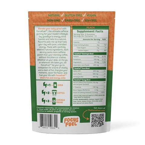FocusFuel - Gomas Energéticas Focus – 100mg de Cafeína por 2 Gomas, Com B12, Magnésio, Eletrólitos, Ingredientes Naturais (Pêssego – 30 Gomas, 90g)